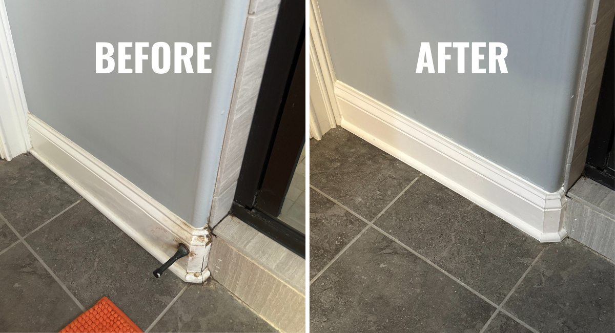 Before and after picture of damaged baseboard replacement