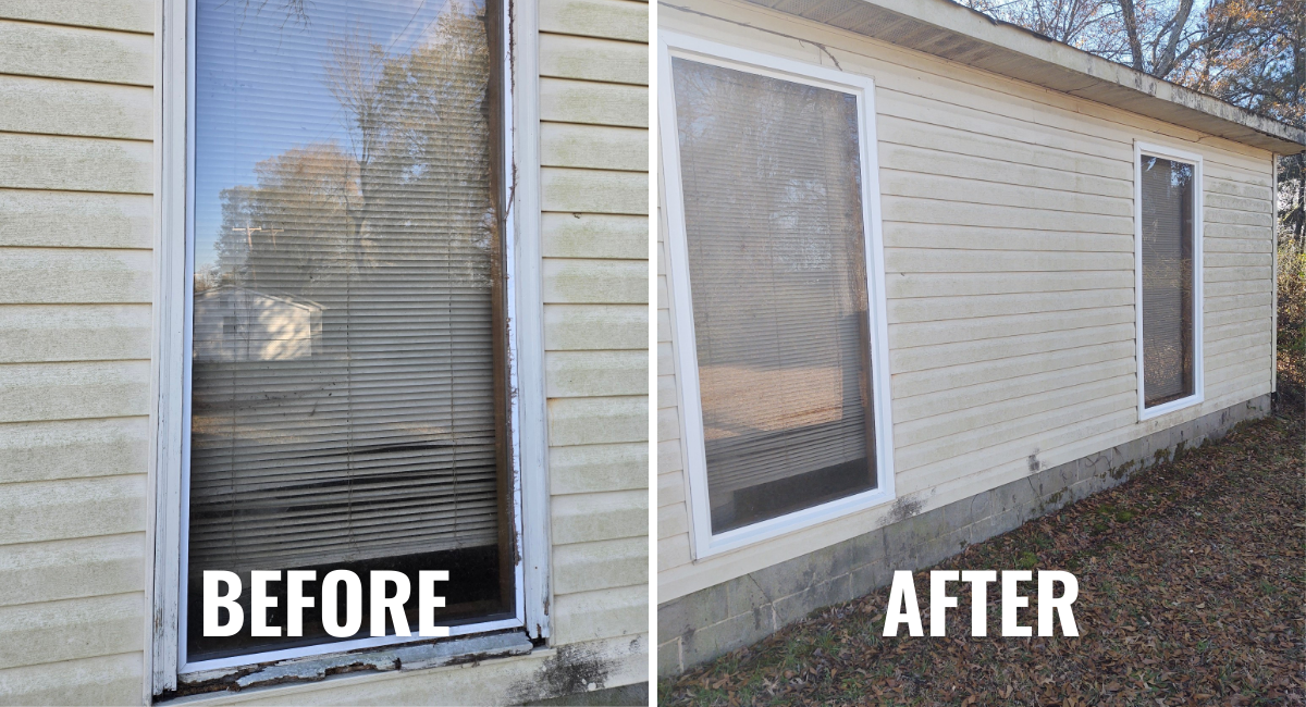 Before and after picture of window trim replacements