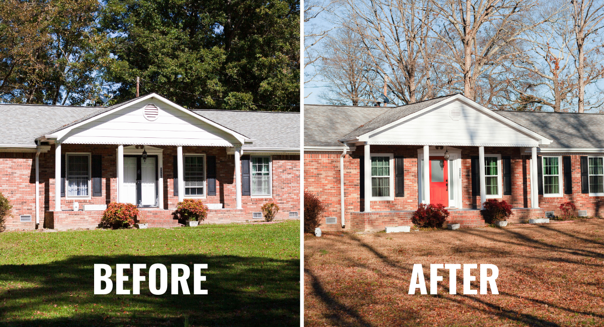Before and after picture of a round gable vent replacement