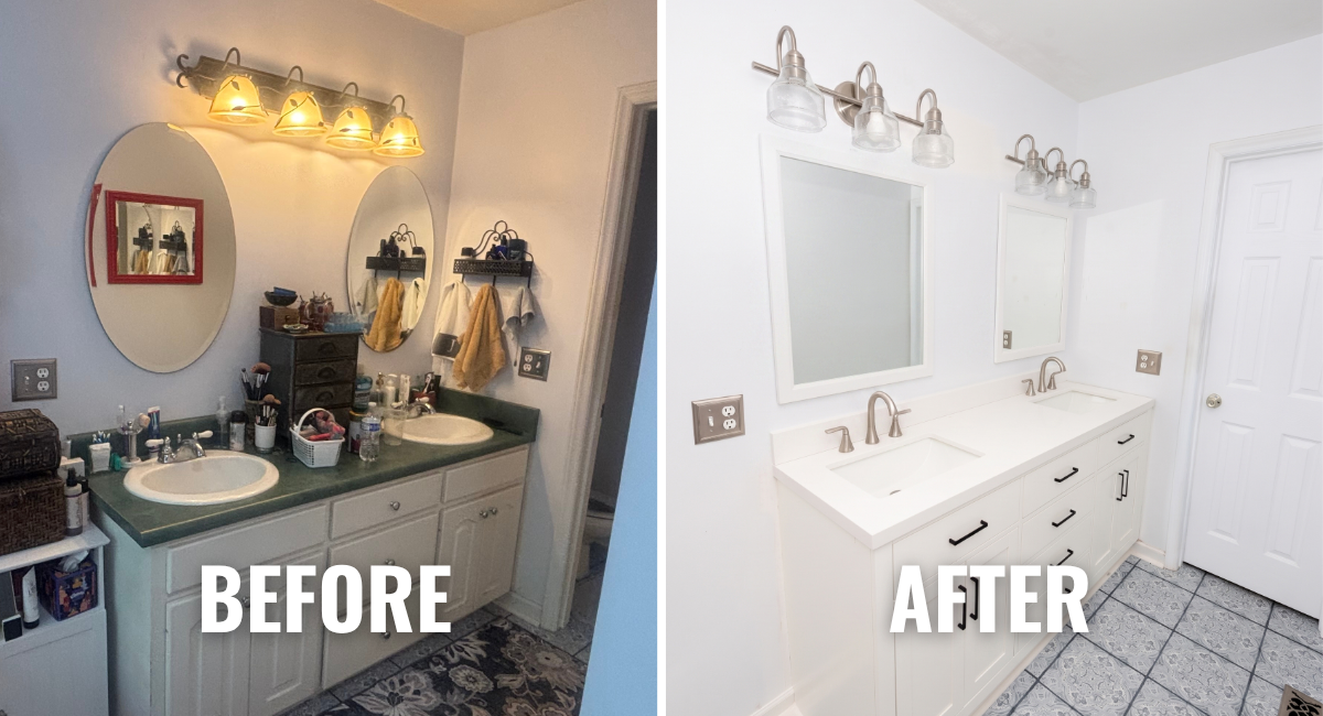 See how Your Trusty Toolbox transformed a dated bathroom in Inman, SC with a new vanity, fixtures, recessed lighting, and mirrors — all with minimal disruption to the homeowner.